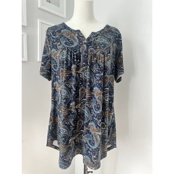 A. Jesdani Henley Knit Top Women’s Plus 2X Blue/Brown Paisley Print Short Sleeve - Picture 1 of 14